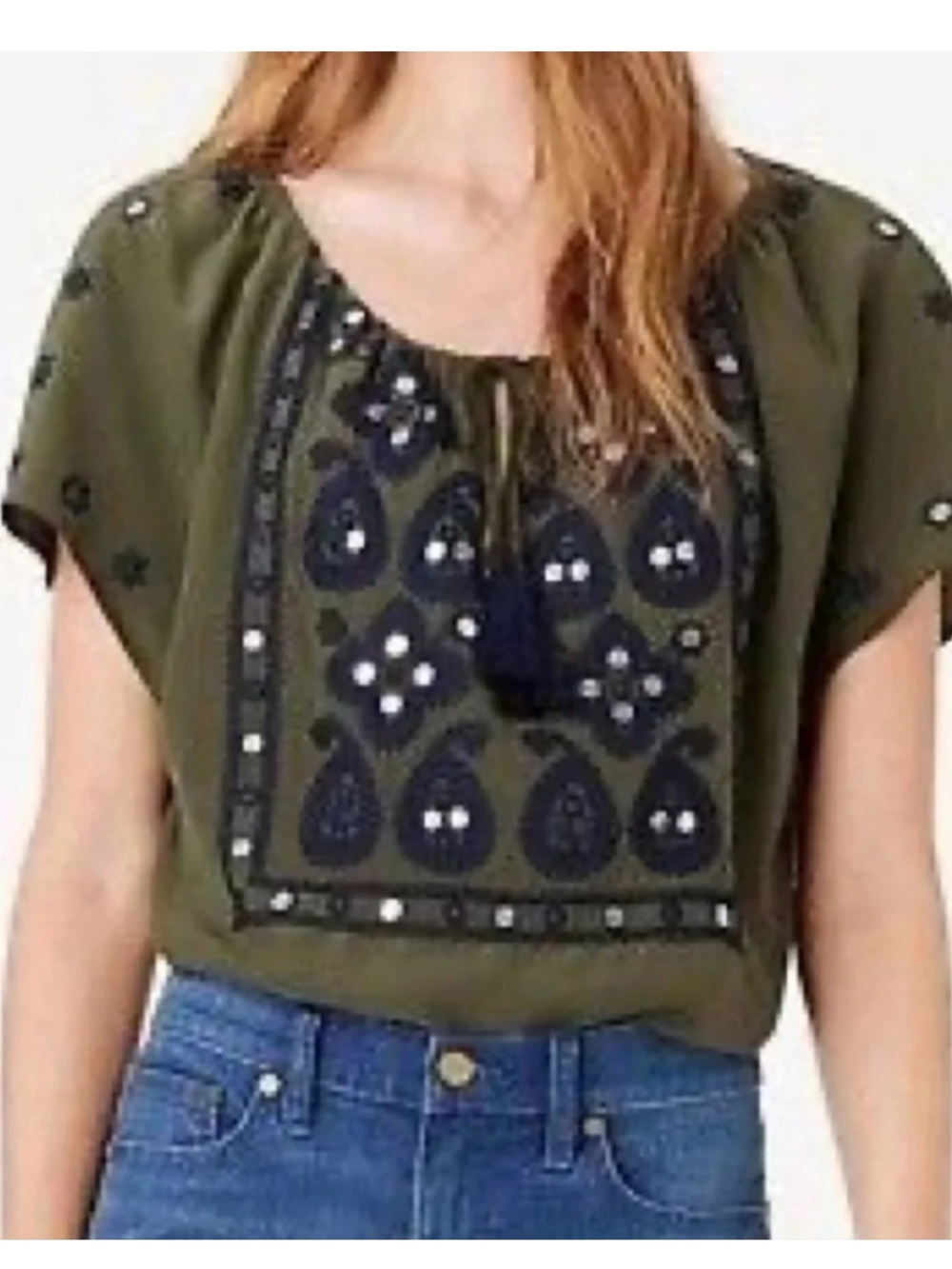 Tory Burch Embroidered Olive Green Boho Top with Tassels/Sequins size 8